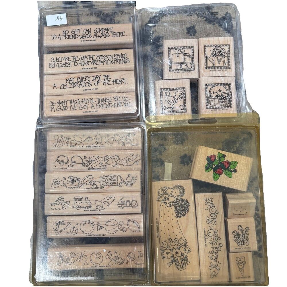 Lot Of 4 Sets Of Stampin Up Mounted Rubber Wood Stamps, Vintage 1994-99 EUC